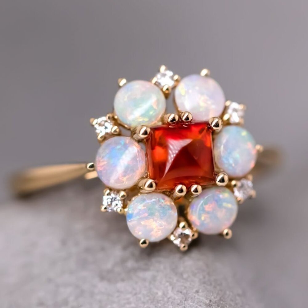 The Precious - Sugarloaf Cut Mexican Fire Opal Diamond Engagement Ring 18K Gold